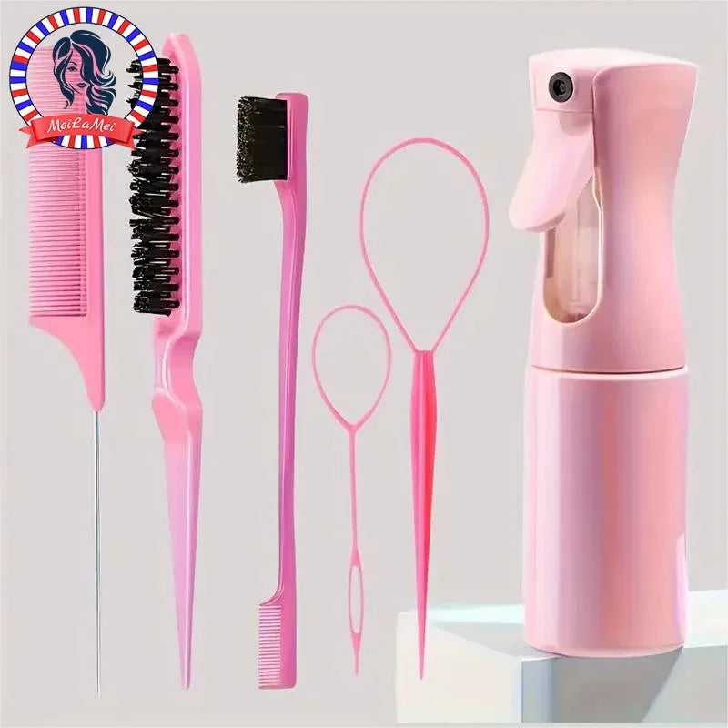 6-Piece Professional Hair Brush Set – Includes Hairdressing Spray Bottle, Hair Braiding Loop, Rat Tail Comb, Teasing Brush, and Edge Control Brush