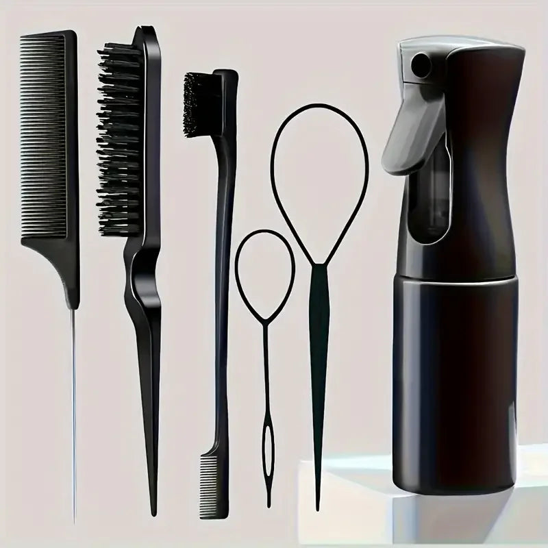 6-Piece Professional Hair Brush Set – Includes Hairdressing Spray Bottle, Hair Braiding Loop, Rat Tail Comb, Teasing Brush, and Edge Control Brush