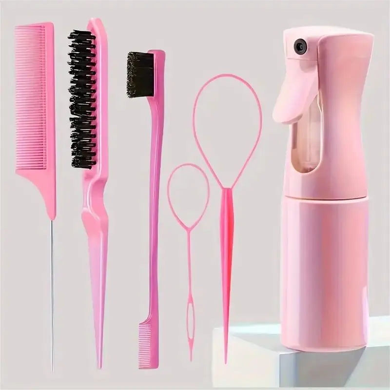 6-Piece Professional Hair Brush Set – Includes Hairdressing Spray Bottle, Hair Braiding Loop, Rat Tail Comb, Teasing Brush, and Edge Control Brush